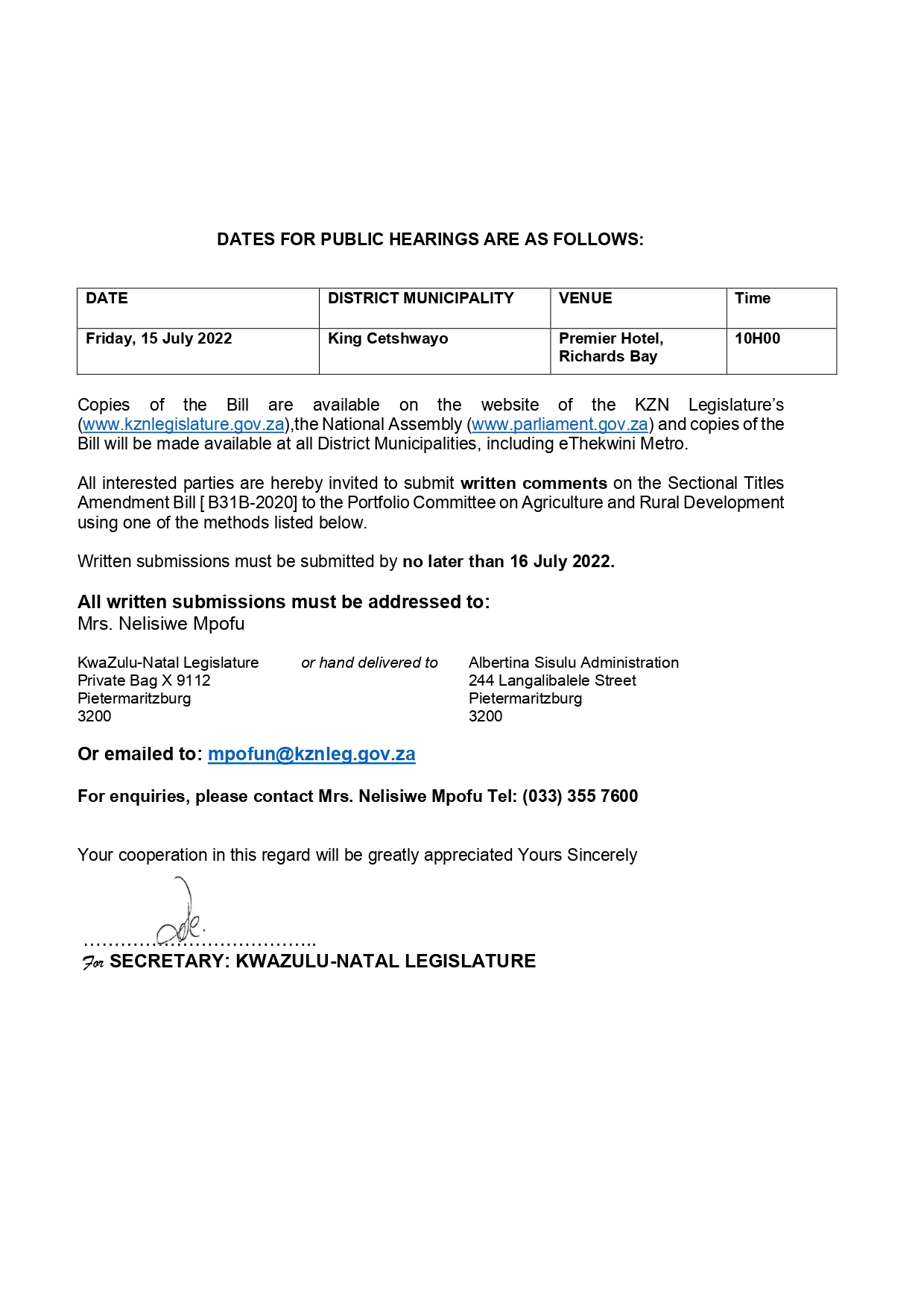 Letter to the Speaker regarding Sectional Titles Amendment Bill Public H page 0002