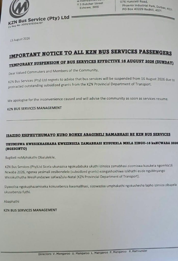 IMPORTANT NOTICE TO ALL KZN BUS SERVICES PASSENGERS
